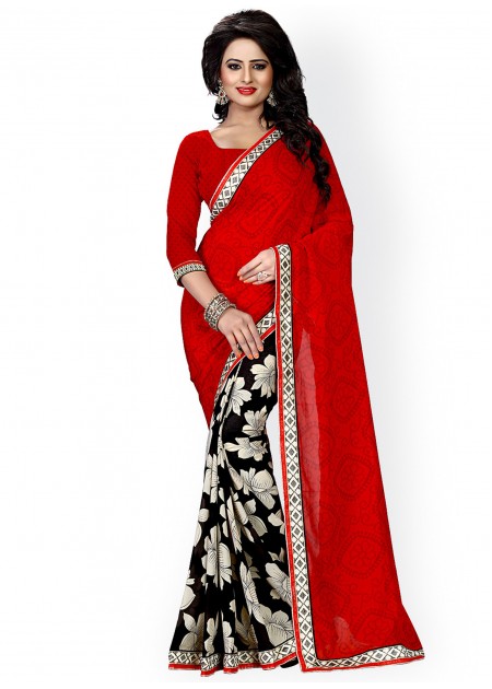 Heena Red & White Georgette Floral Print Saree