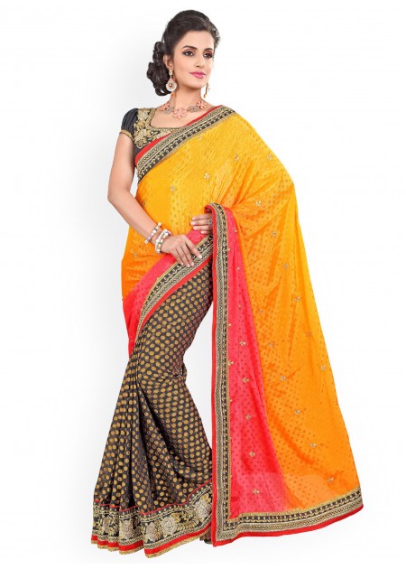 Anoha Orange & Black Georgette Jacquard Partywear Saree