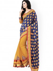Indian Women Blue & Mustard Yellow Jacquard Fashion Saree