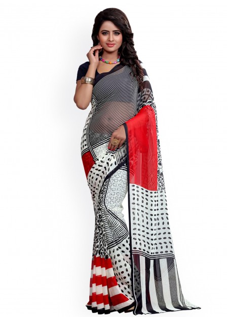 Heena Balck & White Georgette Printed Saree