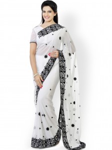 Designersareez White Embroidered Faux Georgette Partywear Saree