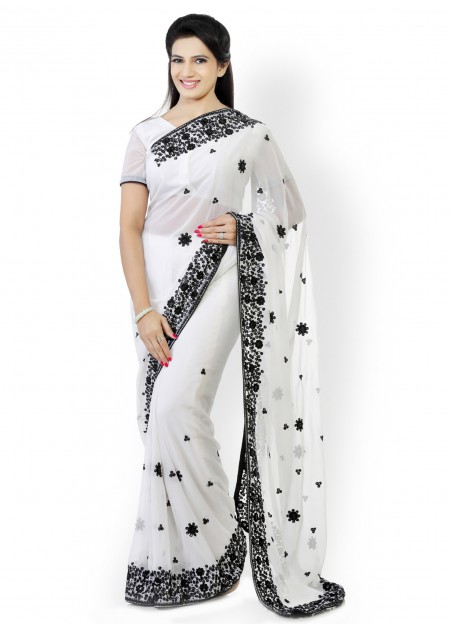 Designersareez White Embroidered Faux Georgette Partywear Saree