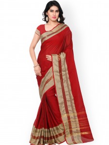 Inddus Red Cotton & Art Silk Traditional Saree