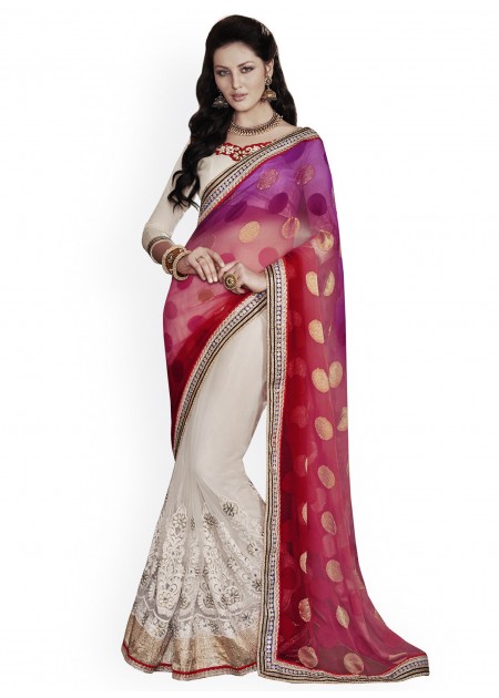 Indian Women Purple & Beige Jacquard Partywear Saree