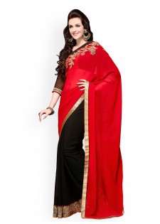 Kalista Red & Black Embroidered Georgette Partywear Saree