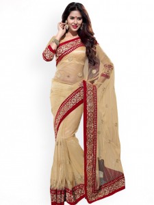 Mirchi Fashion Beige Embroidered Supernet Fashion Saree