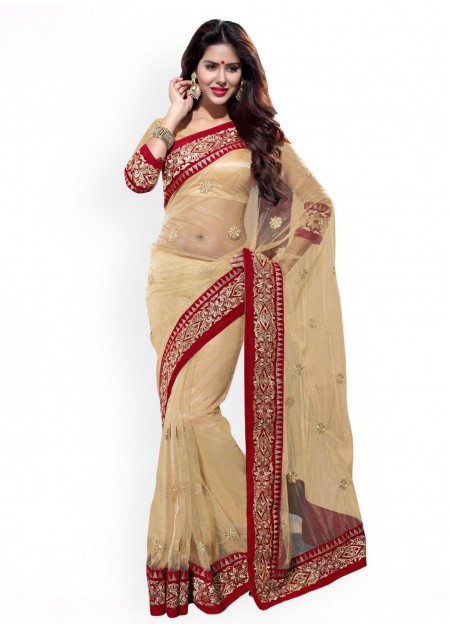 Mirchi Fashion Beige Embroidered Supernet Fashion Saree