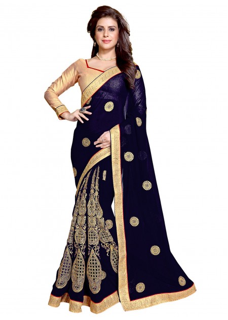 Mirchi Fashion Navy Faux Georgette Embellished Saree