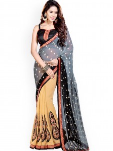 Mirchi Fashion Grey & Beige Embroidered Faux Georgette Fashion Saree