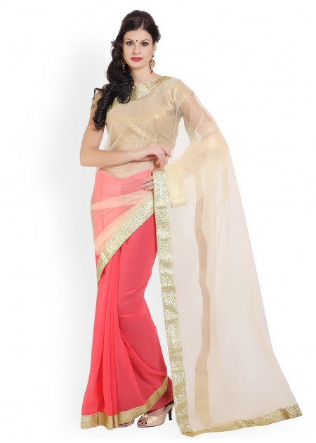 Parchayee Cream-Coloured & Coral Pink Net Fashion Saree