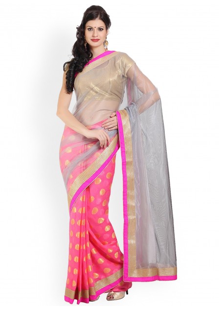 Parchayee Grey & Pink Net Fashion Saree