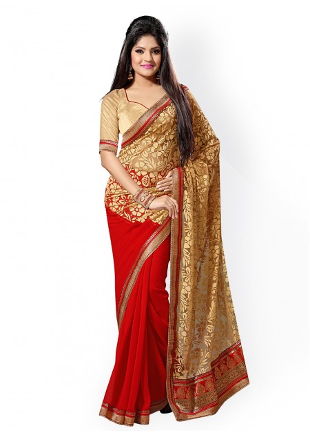 Saree Swarg Red & Gold-Toned Faux Georgette & Net Saree