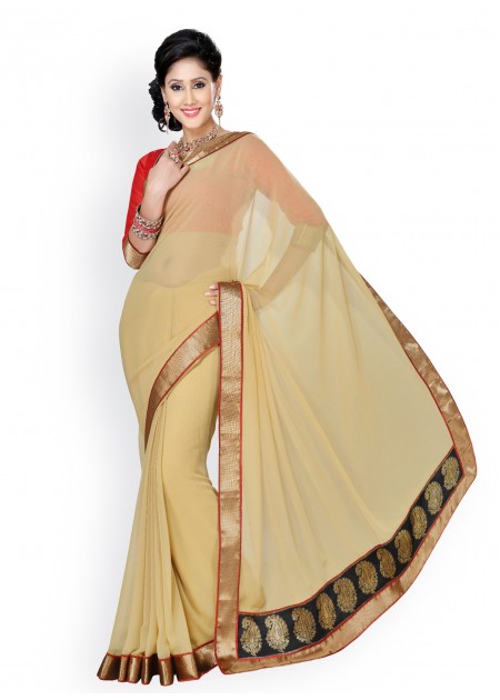 Saree Swarg Cream-Coloured Faux Chiffon Partywear Saree