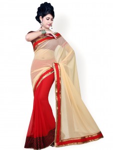 Saree Swarg Beige & Red Embroidered Faux Georgette Partywear Saree