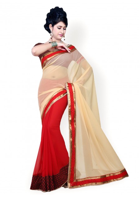Saree Swarg Beige & Red Embroidered Faux Georgette Partywear Saree