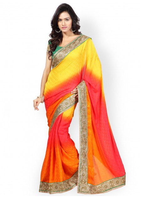 Saree mall Yellow & Red Grasim Jacquard Partywear Saree