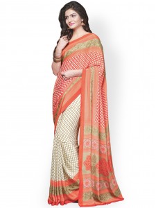 Treveni Orange & Cream-Coloured Crepe Printed Saree