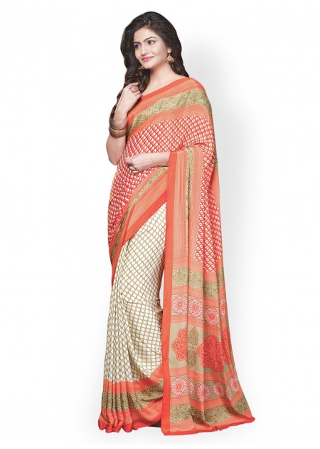 Treveni Orange & Cream-Coloured Crepe Printed Saree