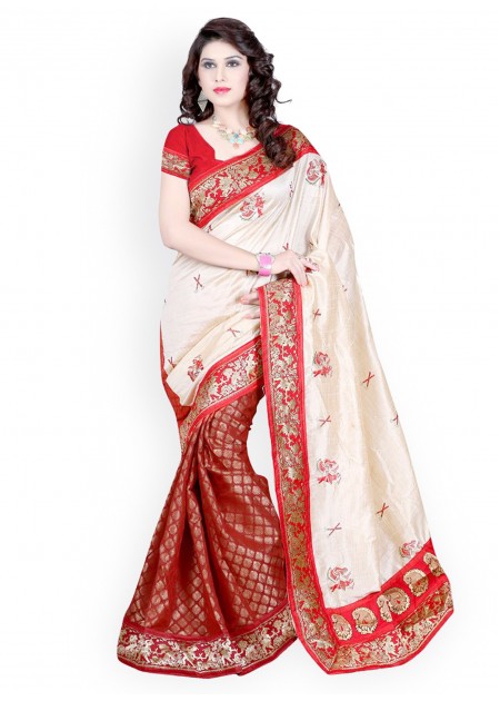 Triveni Off-White & Maroon Embroidered Art Silk Fashion Saree