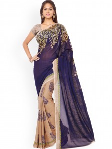 Triveni Navy & Beige Faux Georgette Floral Print Saree
