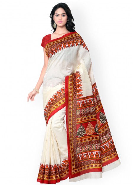 Saree mall Cream-Coloured Printed Bhagalpuri Art Silk Traditional Saree