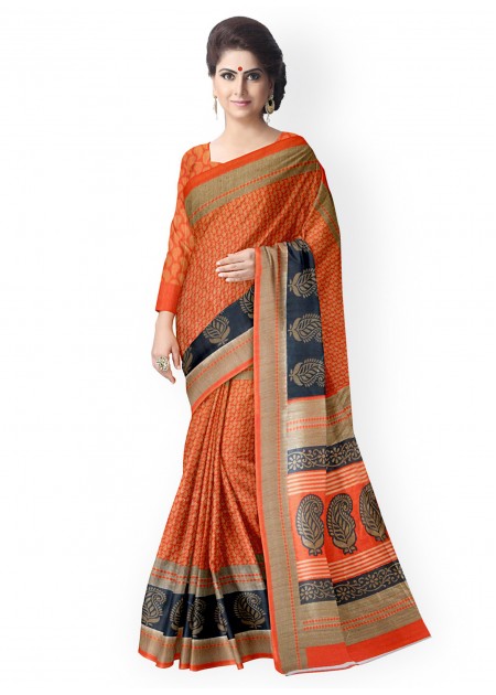 Suvastram Orange Bhagalpuri Art Silk Paisley Print Saree