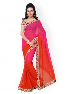 Pink and Orange Faux Georgette Saree