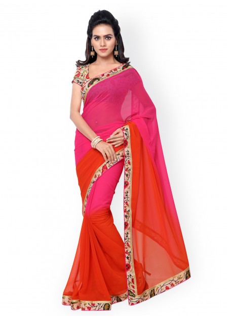 Pink and Orange Faux Georgette Saree