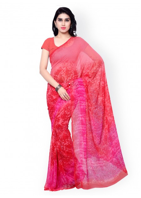 Vaamsi Pink Polyester and Georgette Floral Print Saree