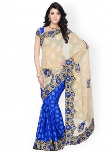 Colors Beige & Blue Embroidered Jacquard Fashion Saree