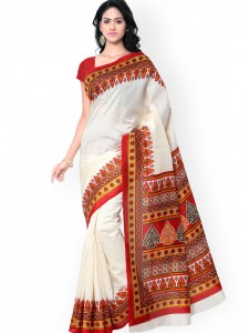 Saree mall Cream-Coloured Printed Bhagalpuri Art Silk Traditional Saree